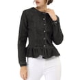 thumbnail image 3 of INSPIRE CHIC Women's Round Neck Button Down Ruffled Hem Cropped Washed Denim Jacket Black S, 3 of 7