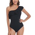 thumbnail image 1 of Ruffled Bathing Suits, Pure Color One Piece Swimsuit One Shoulder Asymmetric  For Women For Vacation Black XXL, 1 of 6