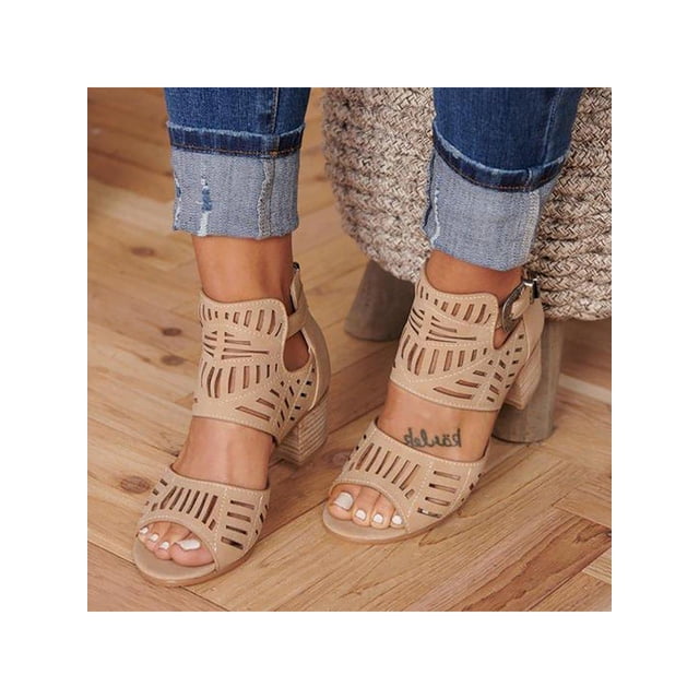 LUXUR Sandales Habillées pour Femmes à Talon Bloc Bas, Mode pour Dames, à Boucle, Kaki 10