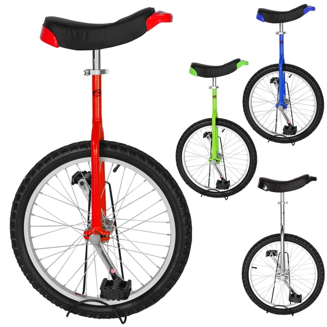 T4B FREESTYLE UNICYCLE with a 20-inch wheel featuring a leakproof butyl inner tire. The unicycle has a powder-coated steel frame, extra-thick aluminum alloy rim, and a large saddle with removable poly-nylon guarded rails for comfort and safety. It includes full-sized nylon pedals with chromoly spindles and a quick-release seat post clamp for height adjustment from 32 to 36 inches. The skid-proof rubber tire is suitable for outdoor sports, fitness, and exercise. Available in multiple colours, including red, green, blue, and silver.