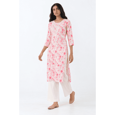DWEEP SARA Women’s White Cotton Blend Embroidered Straight Kurta S/36 Ethnic Printed Tunic Top 3/4 Sleeves Round Neck Festive Wear