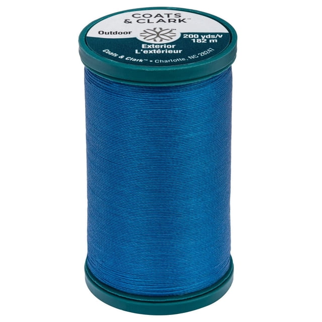 Coats & Clark Fil Extérieur Bobine de 200 Yd en Bleu, Fil de polyester Multifilament 100 % Continu avec Résistance aux UV, Conçu pour des Projets de Couture Extérieurs Robustes comme les Voiles, les Tentes, les Auvents et les Meubles d'Extérieur, compatible avec les Aiguilles de machine Taille 16 Ou 18.