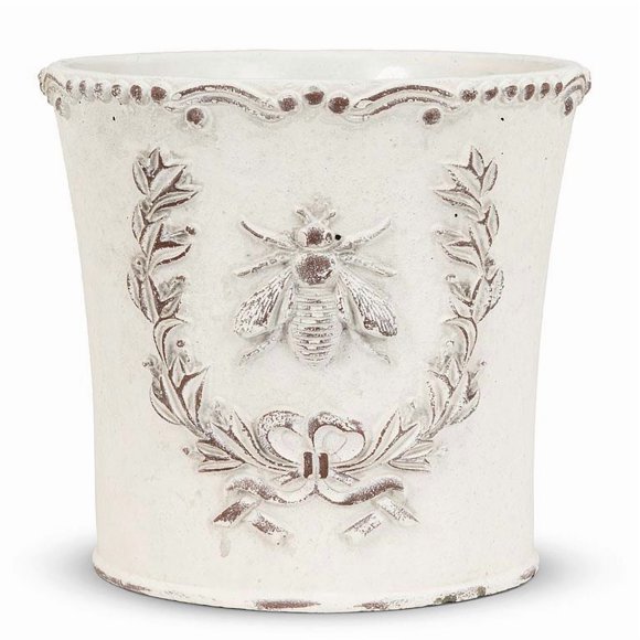 Abbott Large Emboss Bee in Crest Planter – Cement Pot with Antique Bee Motif & Crest, 7"H – Rustic Nature-Inspired Planter for Herbs or Succulents