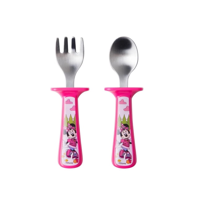 The First Years Disney Minnie Mouse toddler fork and spoon set with pink handles, suitable for ages 9 months and up.