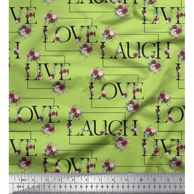 Soimoi Silk Fabric Floral Love Text Print Sewing Fabric Yard 42 Inch Wide
