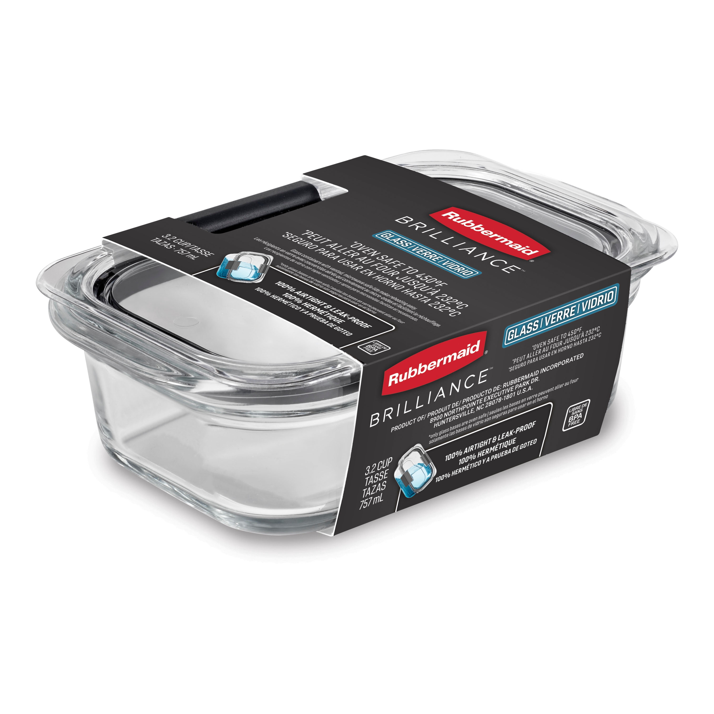 Rubbermaid Brilliance Glass Food Storage Container, 757 mL (3.2 Cup), 1 Pack