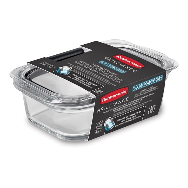 Rubbermaid Brilliance Glass Food Storage Container, 757 mL (3.2 Cup), 1 Pack, clear rectangular glass container with a transparent, stain-resistant plastic lid featuring secure latches and a 100% airtight, leak-proof seal, vented for microwave use, oven-safe glass base up to 450°F, BPA-free, designed for modular stacking and kitchen organization, also suitable for storing craft supplies or small household items.