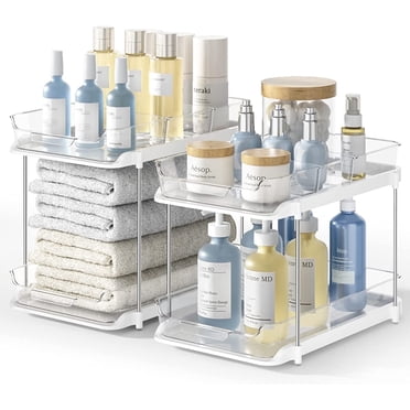 Delamu Ensemble de 2 Organiseurs et Rangement sous l'Évier, Organiseur Coulissant à 2 Niveaux pour Évier de Salle de Bain, Étagère de Rangement Multi-Usage sous Armoire de Cuisine (S&L), Transparent