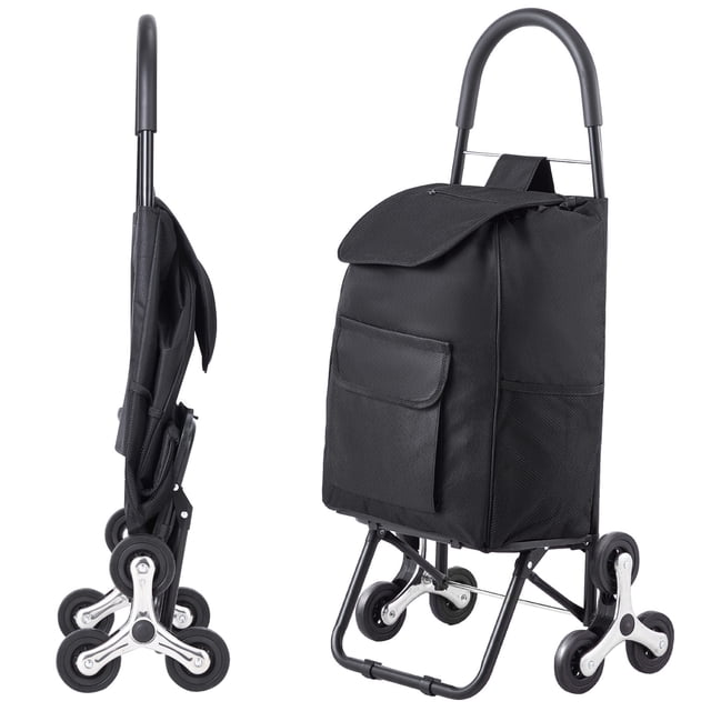 KFFKFF Chariot monte-escalier pliable 36 L, chariot de courses, chariot à linge, chariot monte-escalier avec 6 roues et sac en tissu Oxford, noir