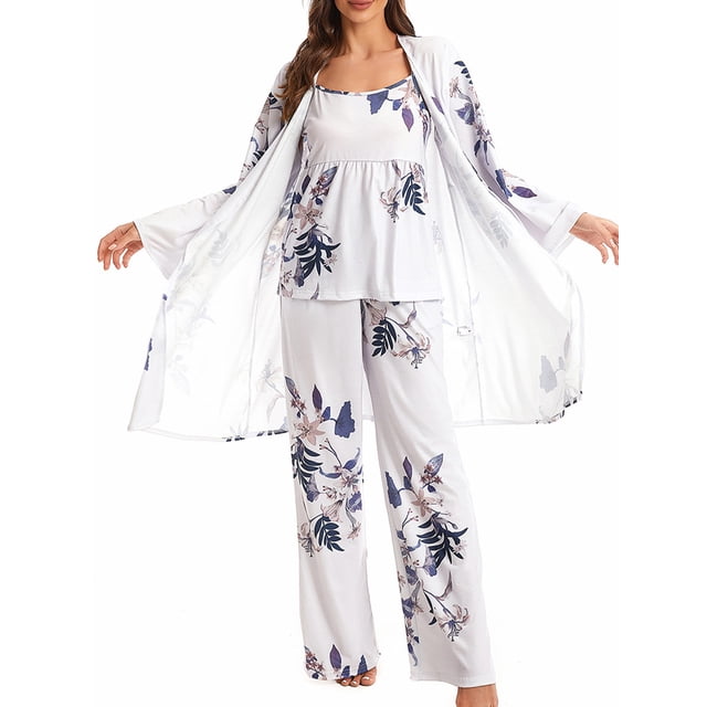 ZAXARRA ensemble de Détente d'Automne pour Femme, ensemble de Sommeil 3 Pcs avec un Camisole à Empiècements en Dentelle, un Pantalon à Taille Élastique et une Longue robe à Imprimé floral avec une Ceinture. Fait de 94 % polyester et 6 % Élasthanne, Cet ensemble Respirant et Doux Est Idéal pour le Sommeil des Femmes, le Détente Décontracté à la Maison Ou les occasions Spéciales comme les Anniversaires et la Saint-Valentin.