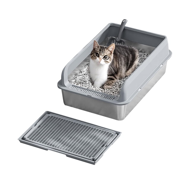 Kojooin Stainless Steel Cat Litter Box with Lid Large Litter Box for Big Cats Non-Stick Stainless Steel Cat Boxes High Sides, Kitten Metal Boxes, Anti-Leakage, Easy to Clean 6''Deep