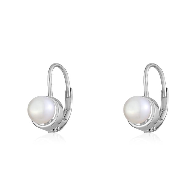 Luxury Designs Sterling Silver Pearl Bezel set Leverback earrings with round white pearls bezel set in polished sterling silver leverback clasps, designed as statement earrings suitable for everyday wear and gifting special occasions.