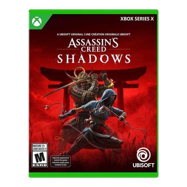 Assassins Creed Shadows pour Xbox Series X game cover featuring a shinobi Assassin in a blue hooded outfit wielding chained weapons and a samurai in ornate armor holding a katana, set against a red background with a torii gate silhouette.