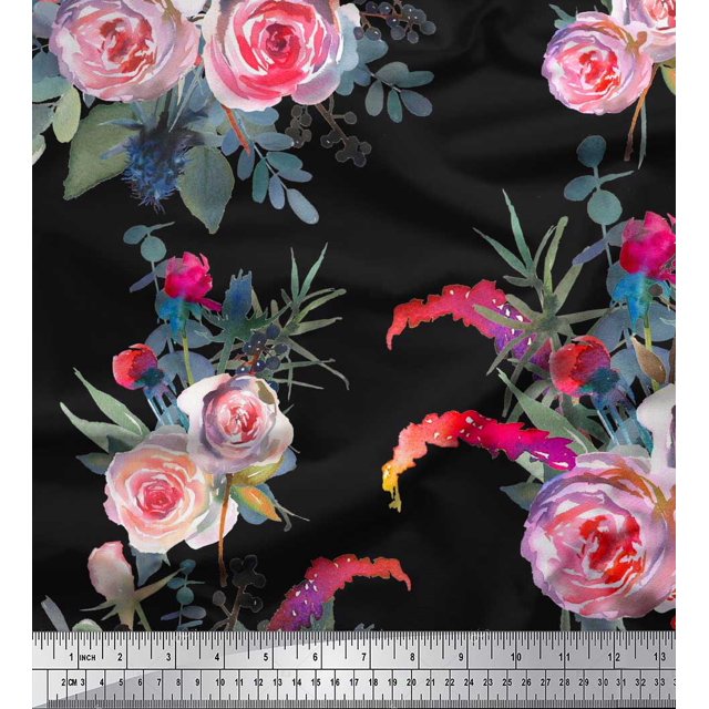 Soimoi Black Heavy Satin Fabric Leaves & Ranunculus Floral Print Fabric by the Yard 54 Inch Wide