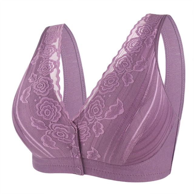 Abcnature Everyday Bras for Women Solid Large Lace Front Button Bras Wide Shoulder Strap Style Underwire Breathable Plus Size Bras