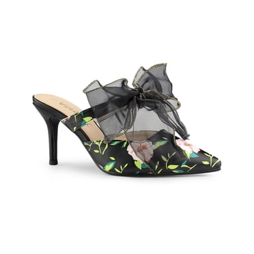 BLISSFUL STEP Chaussures pour Femmes Mules à Talons Aiguilles à Bride en Dentelle à Imprimé Floral Noir 6