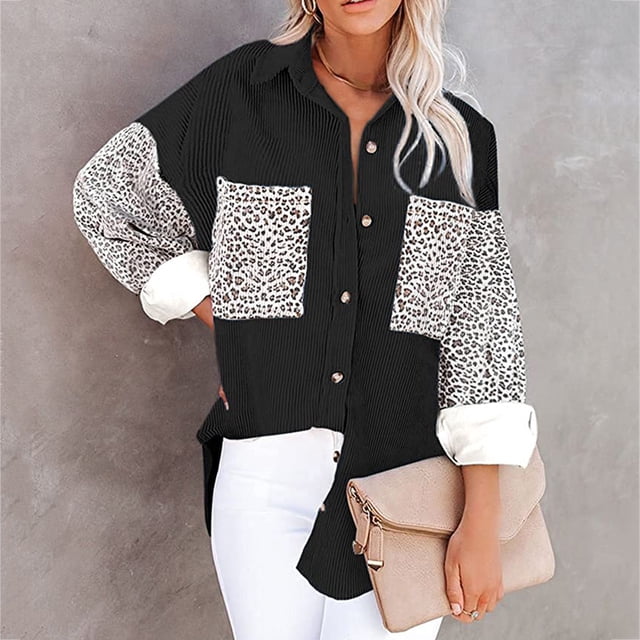 PVCS Women's Leopard Pockets Splicing Buttons Long Sleeve Tops Outwear Turn-down Collar Jacket Coat