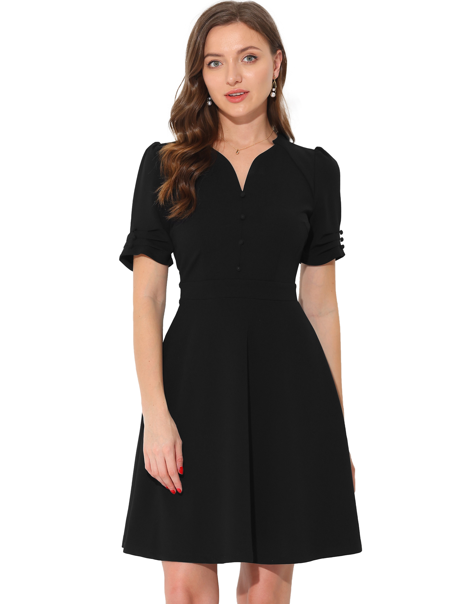 INSPIRE CHIC Robe de Bureau pour Femme à Encolure Cœur Plissée à Manches Courtes Robe Fourreau Ligne A TG Noir