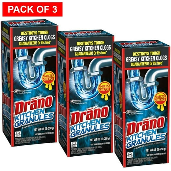 Drano Kitchen Granules Drain Clog Remover and Cleaner, Unclogs Blockage from Grease or Cooking Oil, 8.8 oz (Pack of 3)