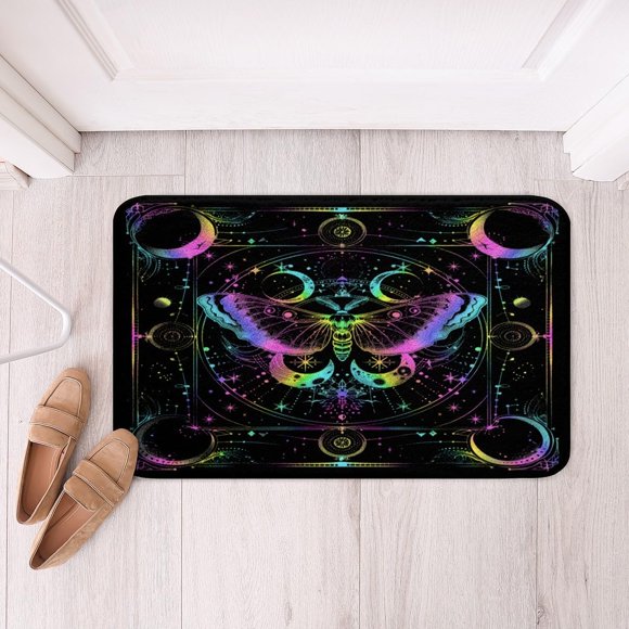 Feelyou Death Moth Bath Mats for Bathroom 16"x24" Sun and Moon Bathroom Rugs for Kids Boho Moth Btah Rugs for Shower Tub Teens Decor Gothic Colorful Bathroom Accossories