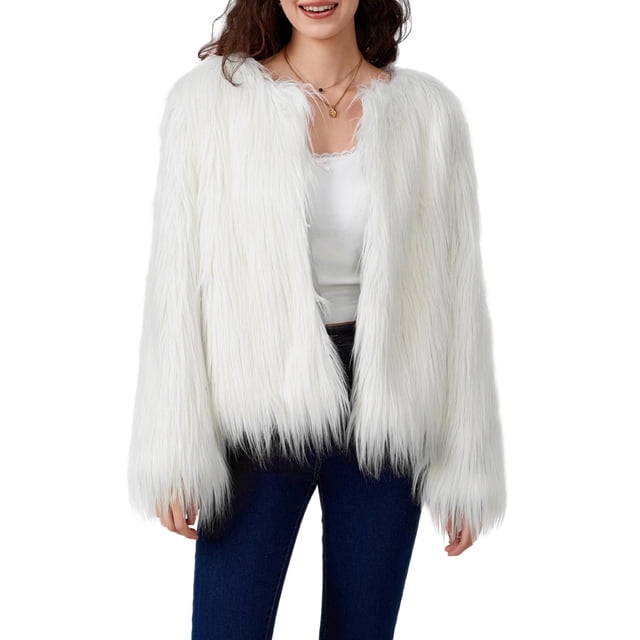 FOCUSNORM Women Faux Fur Coat Solid Color Open Front Long Sleeve Plus Size Jacket Warm Winter Outwear