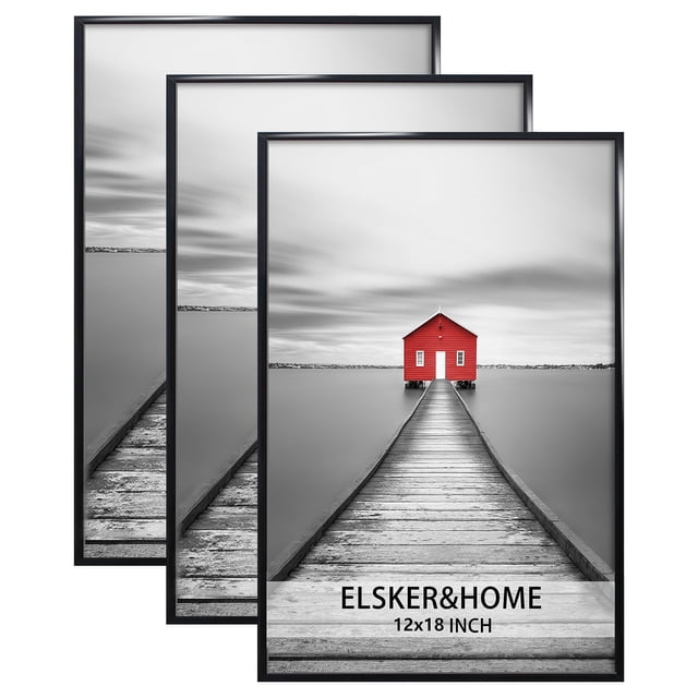 ELSKER&HOME 12x18 poster frame 3 pack in black, designed for horizontal or vertical wall mounting. These lightweight frames feature durable MDF backboards, scratch-resistant surfaces, and preinstalled hanging hardware for easy assembly. Perfect for displaying posters, photos, or prints in home, office, or gallery settings. Packaged securely for safe delivery, making them gift-ready.