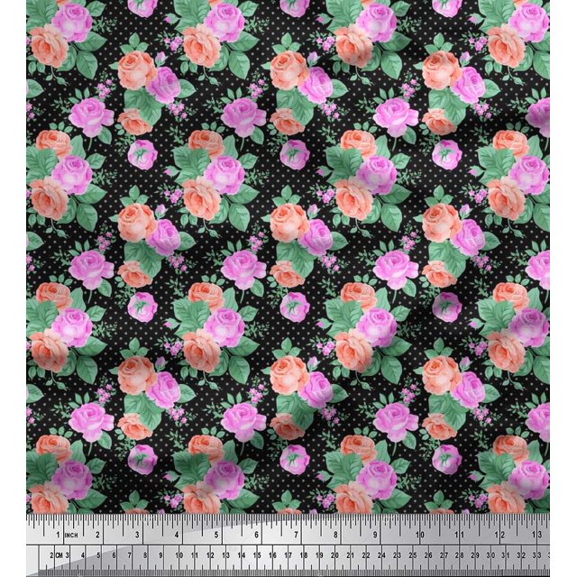 Soimoi Tissu Popeline de Coton à Pois, Feuilles et Roses Imprimé Floral 1 Yard 42 Pouces de Large