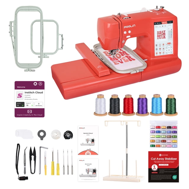 Poolin EOC05RE Machine à Broder pour la Maison pour Débutants en Rouge de Noël Classique, Conçue pour les Projets d'Arts et d'Artisanat. Comprend un Écran Tactile de 7 Pouces, un Cerceau de 4” X 9,25”, et des designs Intégrés. Comprend des Bobines de Fil, des Cerceaux de Broderie, des Feuilles Stabilisatrices et des Outils. l'Écran Montre un design « Meilleure Maman au Monde » en Cours.