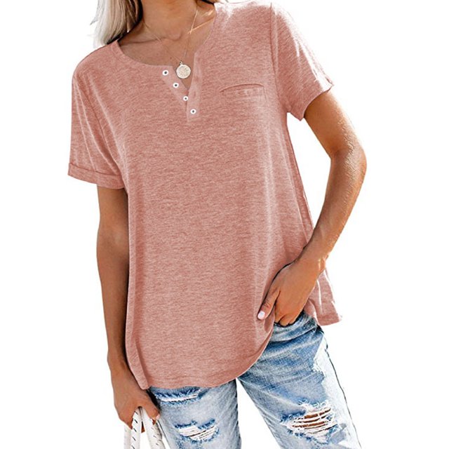 Innerwin T-Shirt Col en V Femmes Hauts Plage Couleur Unie Tee Ample Rose P