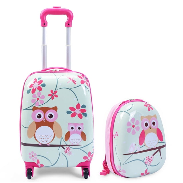 Costway 2PCS 12" 16" Kids Luggage Set with a cute owl design on a light green background and pink accents. Includes a 16-inch carry-on trolley suitcase with multi-directional wheels and telescoping handle, and a 12-inch backpack with adjustable straps. Made from durable ABS and polycarbonate material, suitable for travel, outdoor activities, or as a school bag.