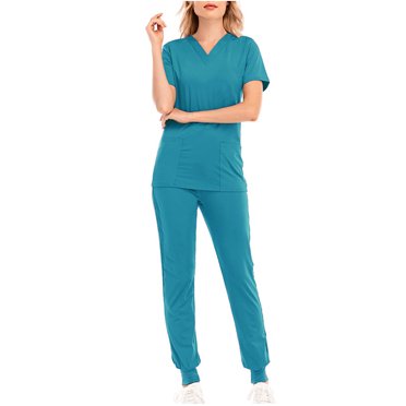 Styesk Scrubs for Women Solid Color Stretchy Scrubs Sets Comfy Scrub Joggers with Pockets V Neck Short Sleeve Scrub Tops High Waisted Scrub Pants 2 Piece Nurse Uniforms Set