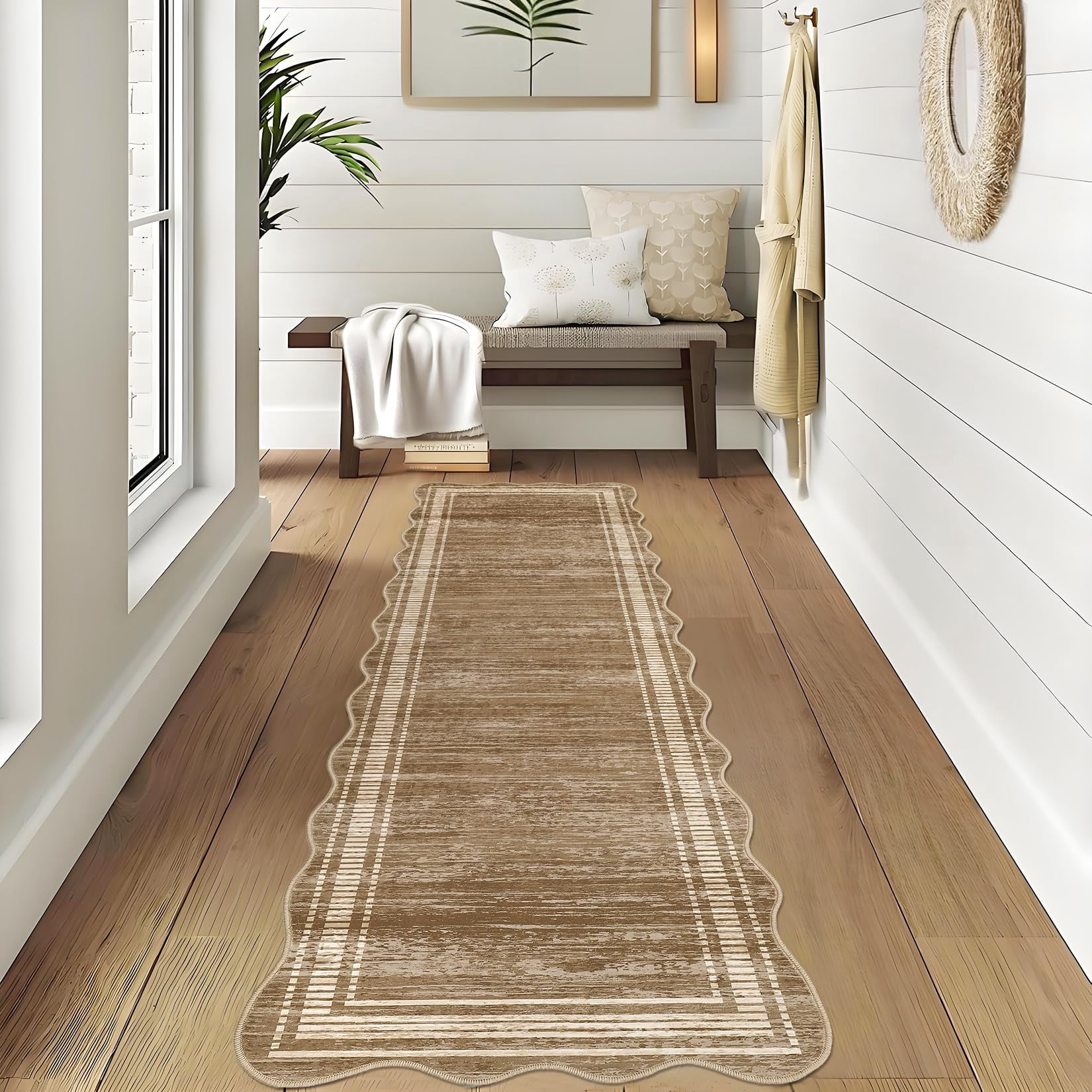 Scalloped Washable Runner Rugs for Hallway 2x6 Kitchen Runner Rug, Non Sip Bathroom Soft Rug Runner, Low Pile Modern Abstract Scalloped Indoor Carpet for Entryway Laundry Room Foyer, Brown