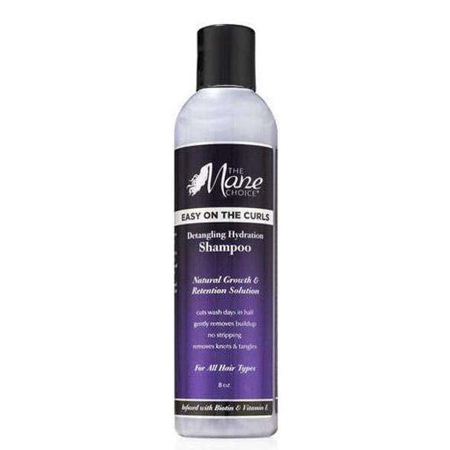 DETANGLING SHAMPOO by The Mane Choice, an 8 oz bottle with black cap and purple label featuring Easy On The Curls hydration formula. This shampoo gently removes buildup, knots, and tangles while promoting natural hair growth and retention, suitable for all hair types.