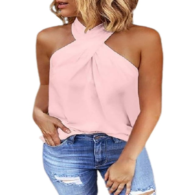 Hauts d'Été pour Femmes à Col Licou Sans Manches T-Shirts Unis Blouses Décontractées Amples