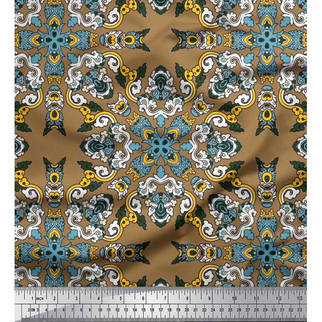 Soimoi Crepe Silk Fabric Tiles Moroccan Print Sewing Fabric Yard 42 Inch Wide
