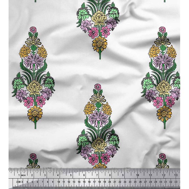 Soimoi Silk Fabric Leaves & Floral Block Printed Fabric 1 Yard 42 Inch Wide