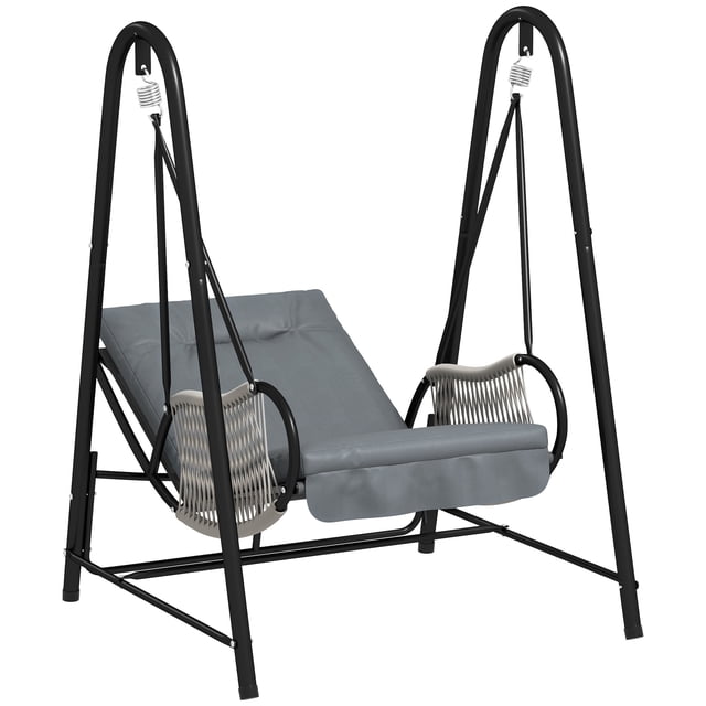Outsunny Hammock Chair, Patio Wicker Swing Chair with Stand in light grey. This hammock and stand set features a high-density sponge cushion, breathable 550 g teslin mesh, and UV-resistant PE wicker details. Supported by a durable steel frame with reinforced base. Ideal for gardens, decks, or balconies.
