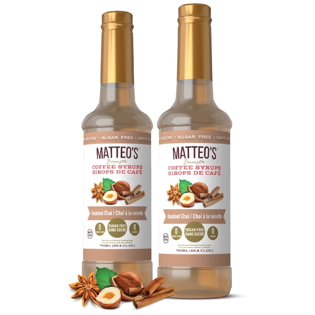 Matteo's Sugar Free Coffee Flavoring Syrup, Hazelnut Chai, Delicious Coffee Syrup, 0 Calories, 0 Sugar, Keto Friendly (750mL, Single Bottle)