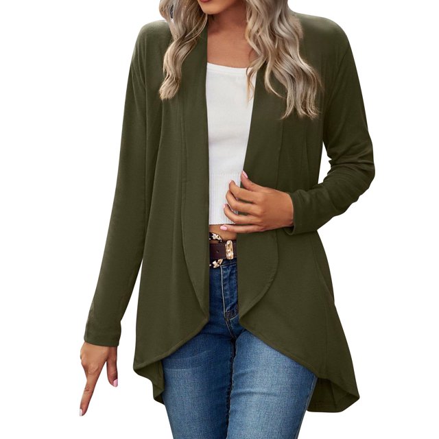 Pxiakgy Womens Open Front Cardigan Long Sleeve Knit Sweater Outwear With Pockets Green + M
