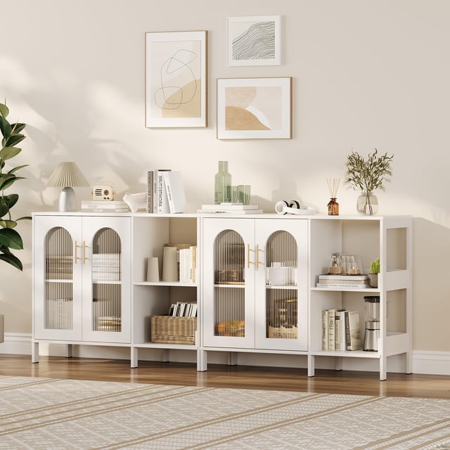 BeesClover Armoire, Buffet Bahut, Porte Arquée en Verre, 2 Poignées Dorées et Tablettes Ajustables, Multifonctionnel pour Garde-Manger de Cuisine, Buanderie, Salle à Manger