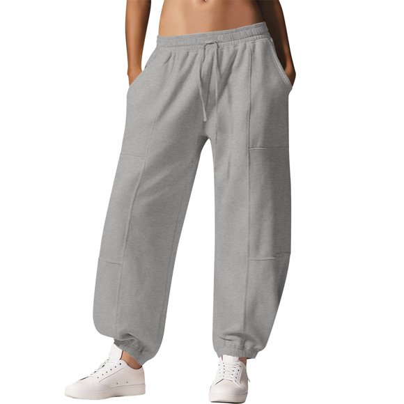 Maqroz Womens Sweatpants Joggers with Pockets Casual Workout Outdoor Cycling Jogger Running Pants Mid Waist Baggy Lounge Travel Pants Elastic Cuffed Ankles Gray L
