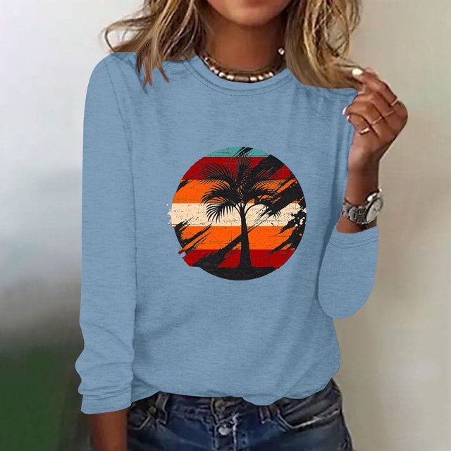 EQWLJWE Chemises à Manches Longues pour Femmes Mode d'Entraînement Printemps Imprimé Manches Longues Col Rond Tee Décontracté Hauts Vêtements d'Automne pour Femmes