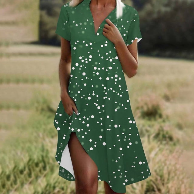 Ovzne Robes d'Été pour Femmes 2025 Robe pour Femme Mode Femmes Imprimé à Pois Col en V Manches Courtes Robe Ample et Confortable Robe de Printemps Manches Courtes Imprimée Liquidation