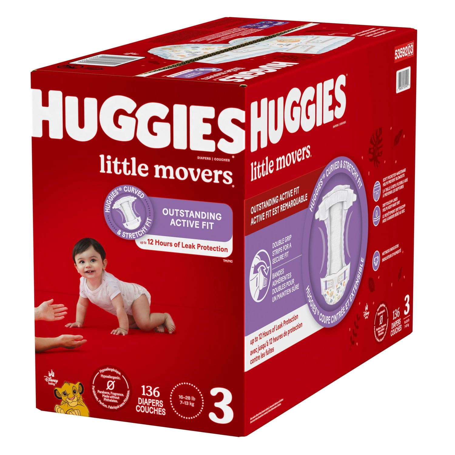 Couches pour bébés Huggies Little Movers, taille 3 (16 à 28 livres), 136 couches