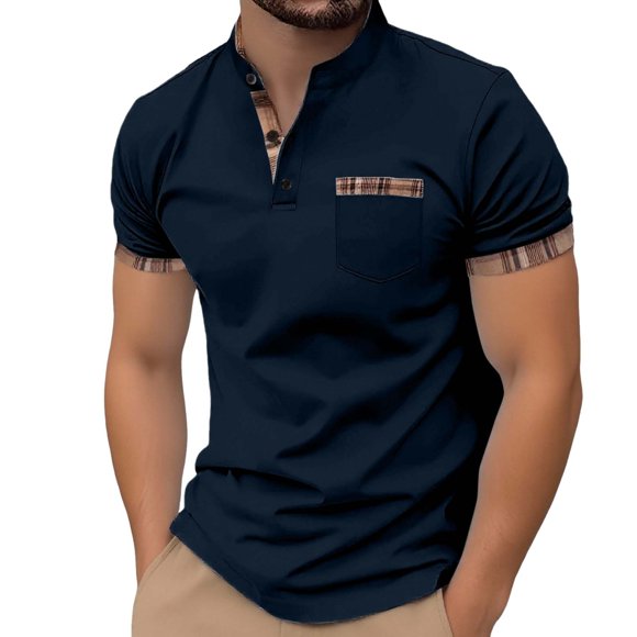 Adult Men's Polo T Shirts Short Sleeve Button Tees Shirts Loose Fit Blue Mens Beach Outfit
