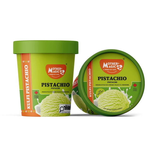 Pistachio Kulfi ice cream tubs by Mothers Magic with green packaging showing a scoop of pistachio ice cream, labeled Indian style ice cream and product of Canada, ideal for frozen food and ice cream tubs category.