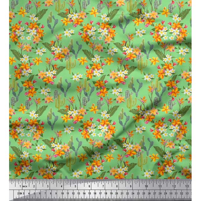 Soimoi Rayon Fabric Cactus,Leaves & Tropical Flower Floral Decor Fabric Printed Yard 56 Inch Wide
