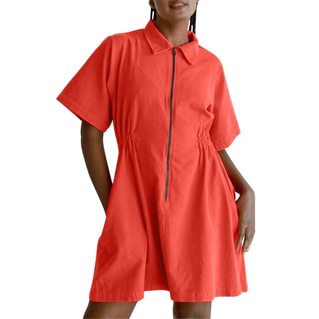 hotojiny Robes pour Femmes Été Légères à Fermeture Éclair à Col Tunique d'Entraînement Mini-Robe Unie Fluide Évasée Robes T-Shirt