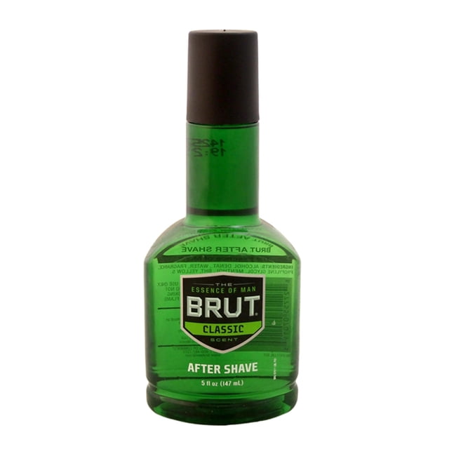 Brut After-Shave Lotion, 5 ounces (Pack of 1), in a green plastic bottle with a black cap. The label features the Brut Classic logo and the text 'The Essence of Man.' Designed for men's grooming, this aftershave splash offers a masculine fragrance and soothing post-shave care.
