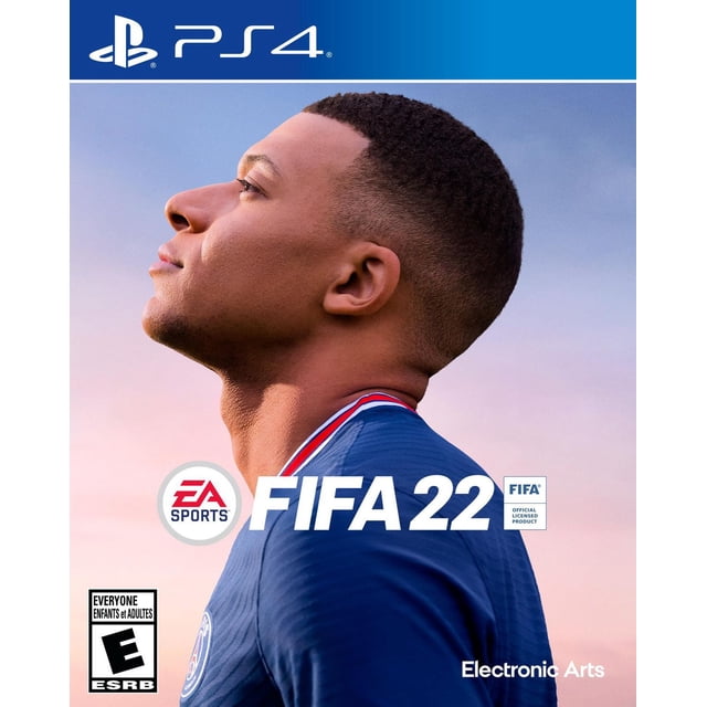 FIFA 22 (P4) Couverture Montrant un Profil Latéral d'Un Joueur de soccer Portant un Maillot Bleu avec Garniture de Col Rouge et Blanc sur un Fond de Ciel Dégradé, Incluant PlayStation 4, EA Sports et les logos de Produits Officiels sous Licence de la FIFA.